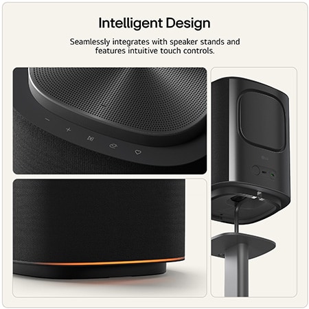 LG Stereo 5 wireless speaker showing integrated touch controls, premium fabric grille design, and seamless compatibility with a speaker stand.